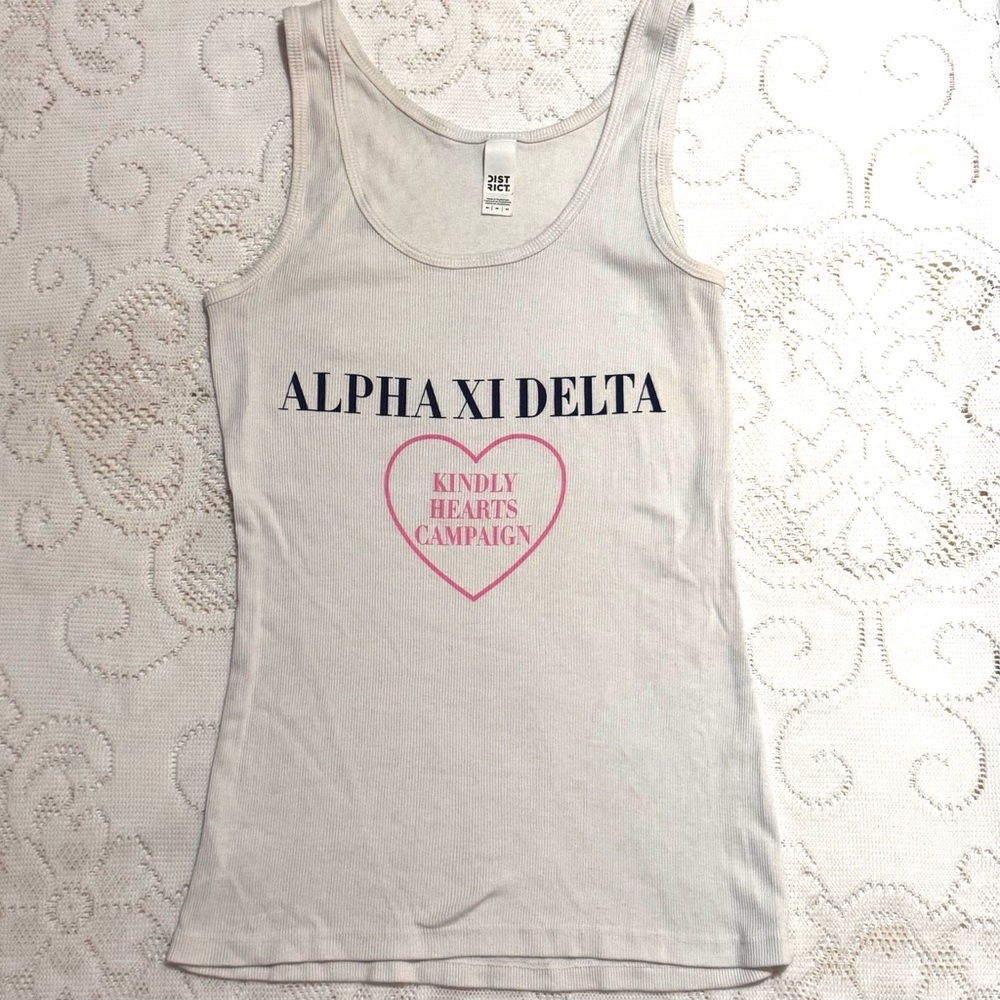 Alpha Xi Delta White Ribbed Tank Top, kindly Hearts Campaign. Medium